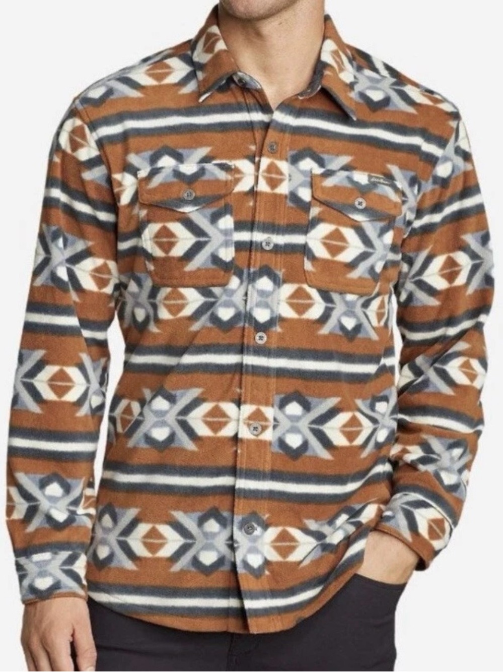Eddie Bauer Chutes Microfleece Shirt Men Large Cotton NWT Toffee Southwest Aztec